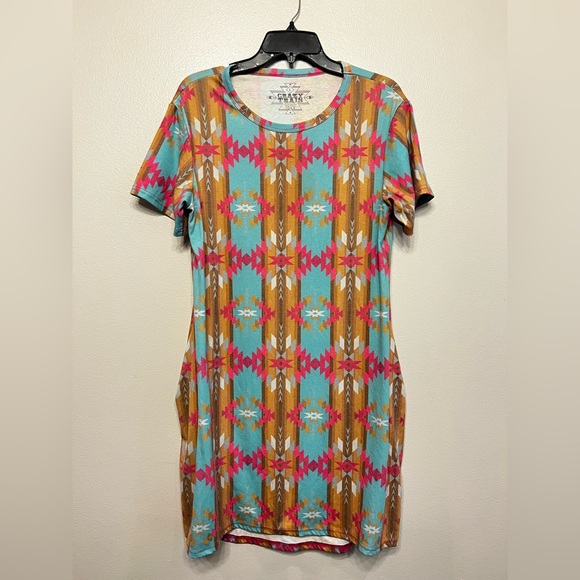Crazy Train Dresses & Skirts - Crazy Train Aztec Mini Dress in Turquoise and Mustard Western Cowgirl Rodeo Sz L
